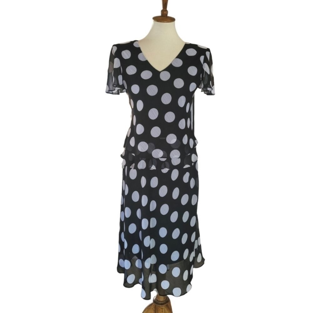 Sheri Martin New York Polka Dot 2 Piece Peplum Top & Tiered Midi Skirt Set 6 - Picture 4 of 7